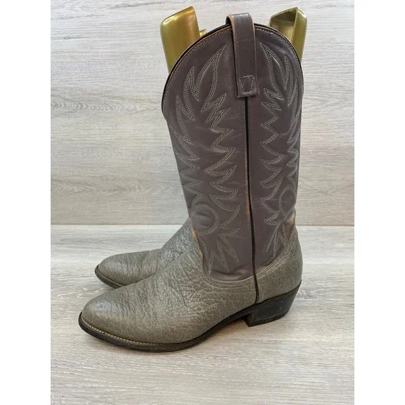 Vintage USA Made Grey Men's Textured Leather Gray Shaft Western Cowboy Boots 10
